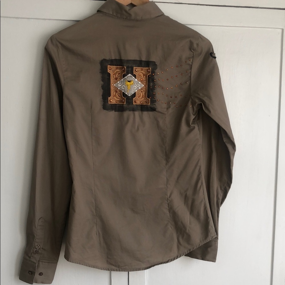 Cruel Girl Brown Show Shirt Shirt with Harris Saddlery Jeweled Details Sz S